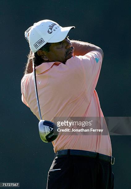 Eduardo Romero of Argentina tees off on the 18th hole during the final round of the Champions Tour Jeld-Wen Tradition on August 27, 2006 at The...