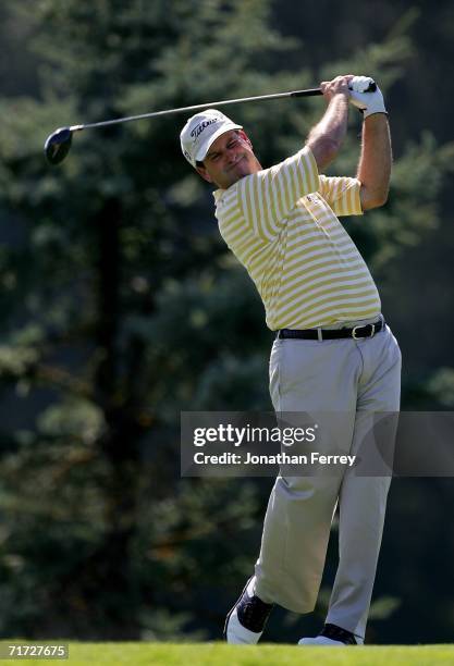 David Edwards tees off on the 9th hole during the final round of the Champions Tour Jeld-Wen Tradition on August 27, 2006 at The Reserve Vineyard...