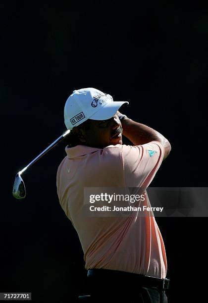 Eduardo Romero of Argentina tees off on the 11th hole during the final round of the Champions Tour Jeld-Wen Tradition on August 27, 2006 at The...