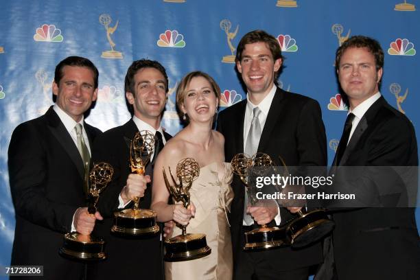 Actor Steve Carell, actor B.J. Novak, actress Jenna Fischer, actor John Krasinski and actor Rainn Wilson poses in the press room after winning...