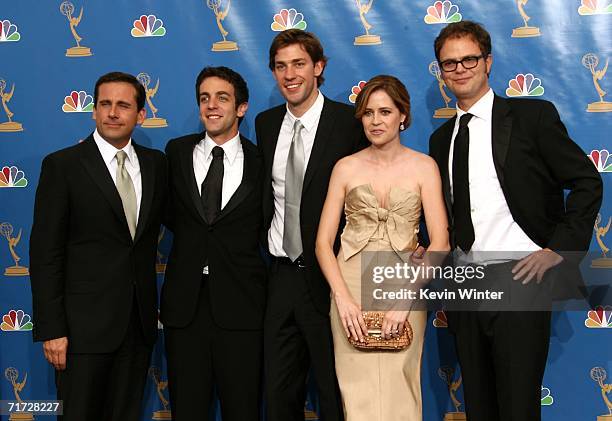 Actor Steve Carell, actor B.J. Novak, actor John Krasinski, Jenna Fischer, actor Rainn Wilson poses in the press room after winning "Outstanding...