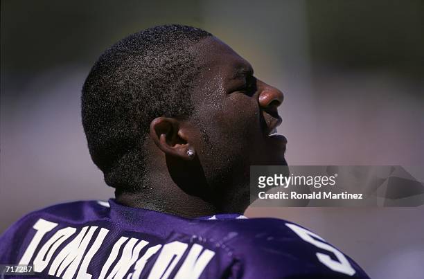 Close up of La Dainian Tomlinson of the Texas Christian University Horned Frogs as he looks on from the sidelines during the game against the...
