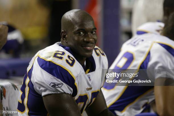 Running back Chester Taylor of the Minnesota Vikings smiles while on the sideline during a game against the Pittsburgh Steelers at Heinz Field on...