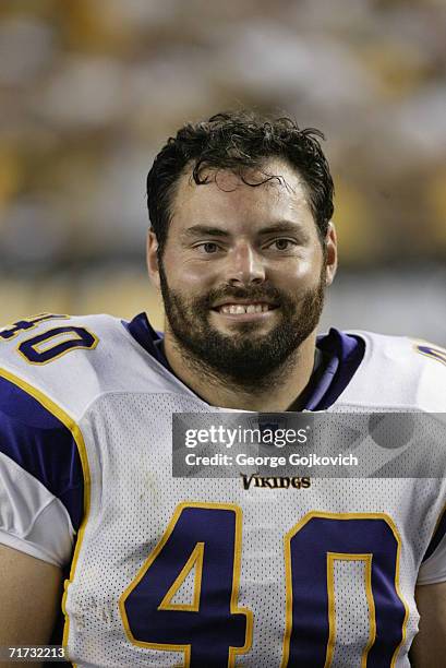 Tight end Jim Kleinsasser of the Minnesota Vikings smiles while on the sideline during a game against the Pittsburgh Steelers at Heinz Field on...
