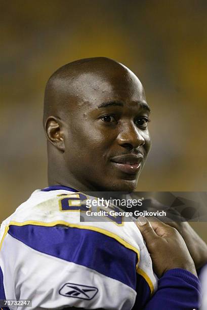 Running back Chester Taylor of the Minnesota Vikings on the sideline during a game against the Pittsburgh Steelers at Heinz Field on August 19, 2006...