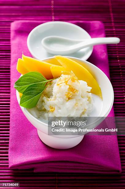 sticky rice with mango and coconut milk - milchreis stock-fotos und bilder