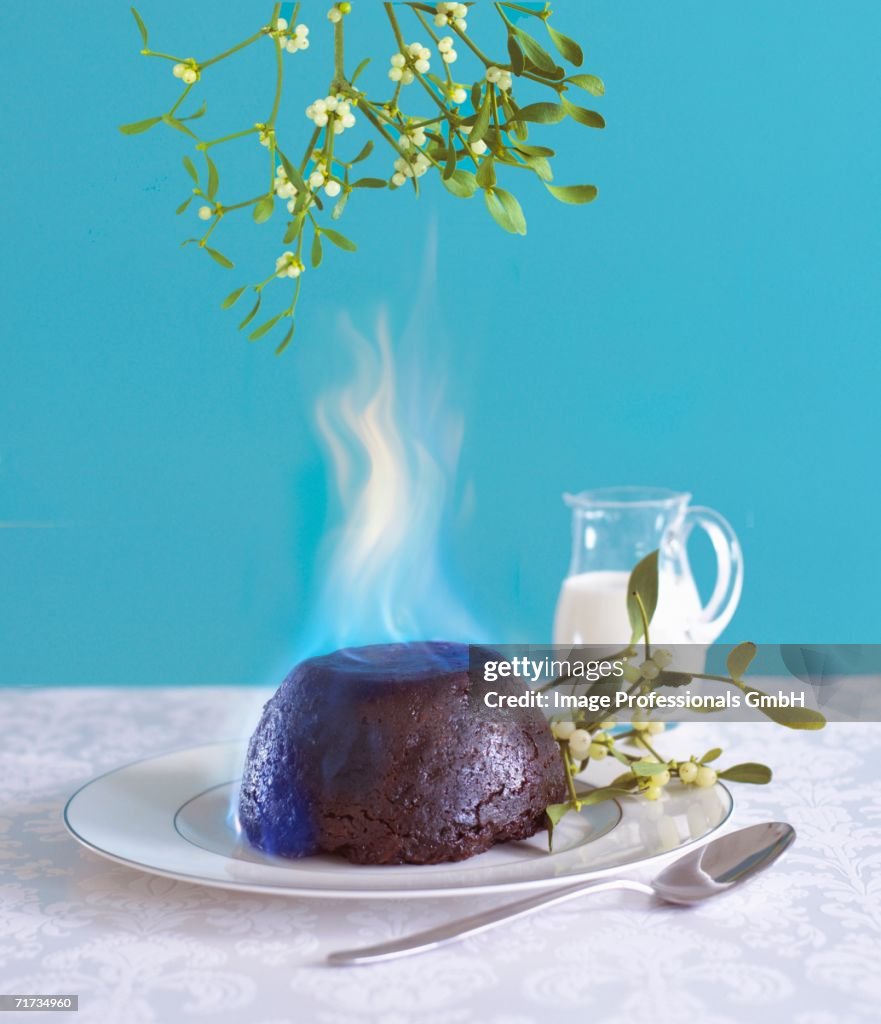 Flaming Christmas pudding and mistletoe