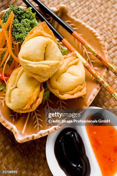 deep-fried wontons with salad and two sauces - hoisin sauce stock pictures, royalty-free photos & images