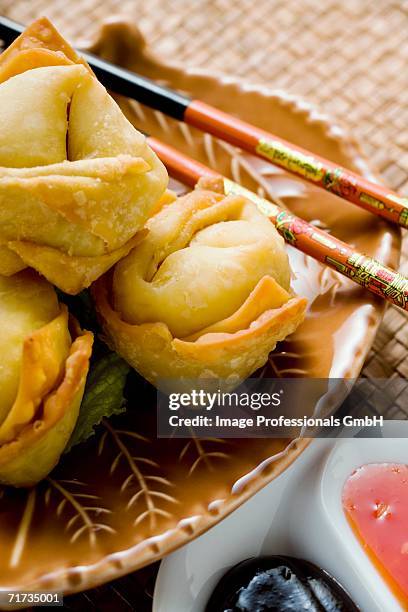 deep-fried wontons with two sauces - hoisin soße stock-fotos und bilder