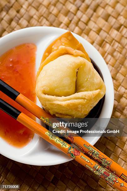 a deep-fried wonton with two sauces (close-up) - hoisin sauce stock pictures, royalty-free photos & images