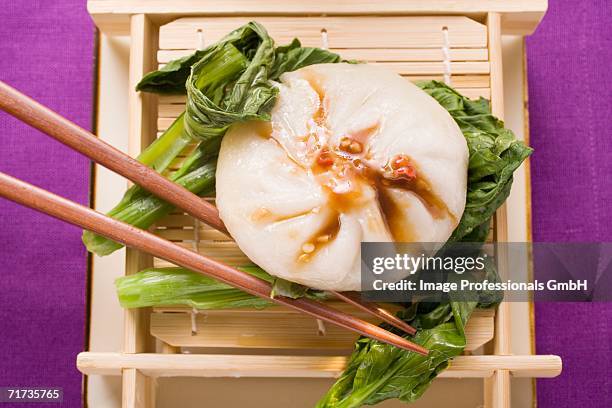 filled yeast dumpling with hoisin sauce on pak choi (thailand) - hoisin sauce stock pictures, royalty-free photos & images