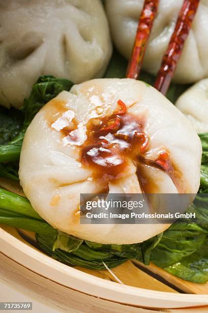 filled yeast dumplings with hoisin sauce on pak choi (thailand) - hoisin soße stock-fotos und bilder