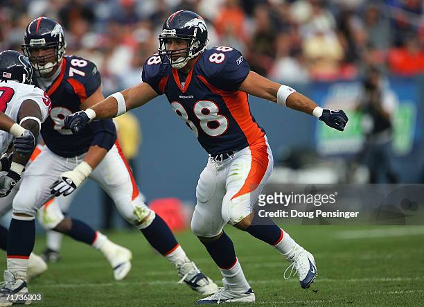 Chad Mustard of the Denver Broncos plays the tight end position against the Houston Texans during their preseason NFL game at Invesco Field at Mile...