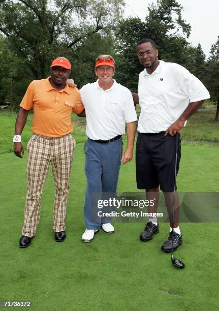 Actor Donelle Rawlings, pro-golfer Fred Funk, and Luke Campbell of 2 Live Crew pose for a photo during the Entertainment Golf Association?s celebrity...