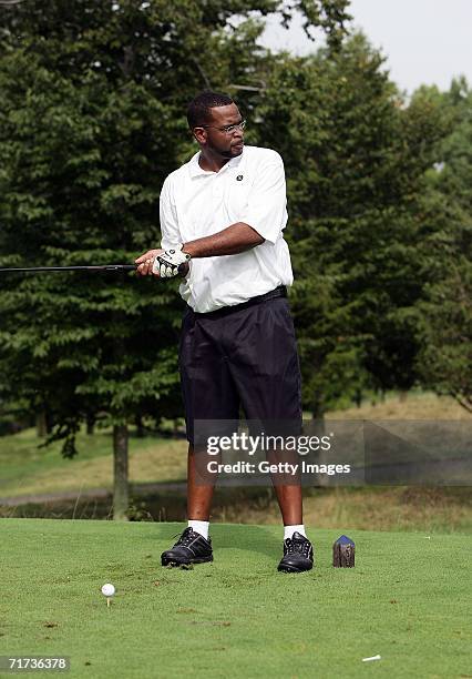 Luke Campbell of 2 Live Crew stands on the tee during the Entertainment Golf Association?s celebrity golf tournament presented by Vonage and The New...