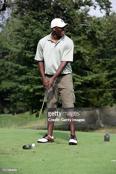 Kwame Jackson of "The Apprentice" stands on the tee during the Entertainment Golf Association?s celebrity golf tournament presented by Vonage and The...