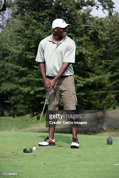 Kwame Jackson of "The Apprentice" stands on the tee during the Entertainment Golf Association?s celebrity golf tournament presented by Vonage and The...