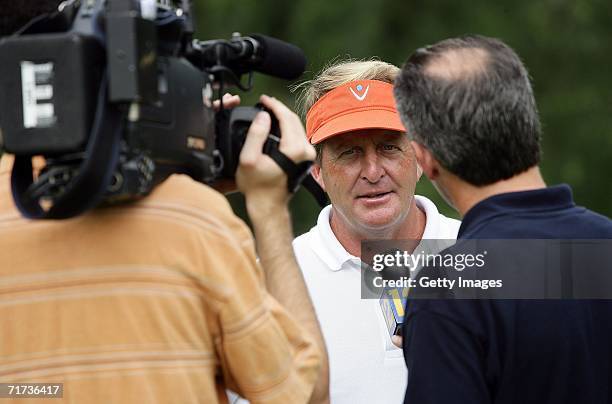 Pro-golfer Fred Funk talks to reporters during the Entertainment Golf Association?s celebrity golf tournament presented by Vonage and The New York...