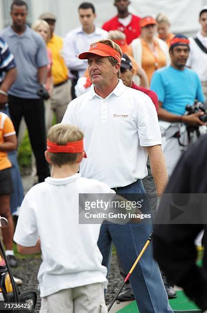 Pro-golfer Fred Funk holds a driving range clinic during the Entertainment Golf Association?s celebrity golf tournament presented by Vonage and The...