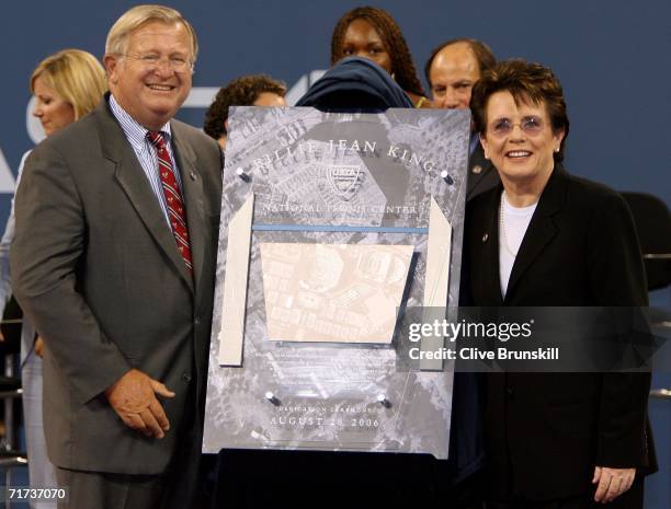 Tennis legend Billie Jean King and USTA President Franklin Johnson pose next to a plaque during the opening ceremony for the US Open at the USTA...