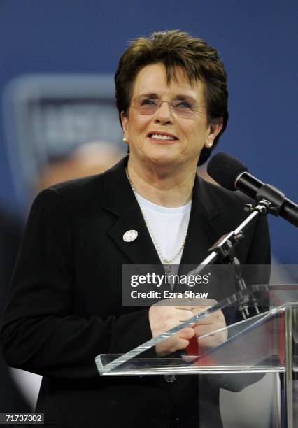 Tennis legend Billie Jean King speaks during the opening ceremony for the US Open at the USTA Billie Jean King National Tennis Center in Flushing...