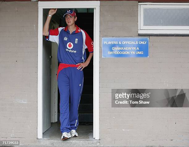 Stuart Broad of England poses during the England nets session prior to the first NatWest Series One Day International match, at Sophia Gardens on...