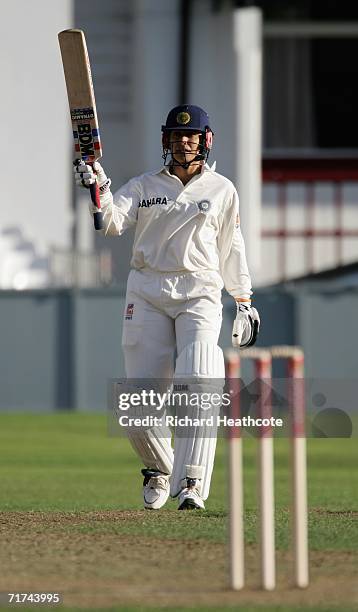 Anjum Chopra of India celebrates her half century during the 2nd npower Test between England Women and India Women at the County Ground on August 29,...