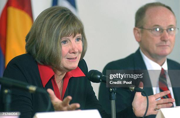 Boulder County District Attorney Mary Lacy speaks next to First Assistant DA Peter Maguire during a press conference at the Boulder County Justice...