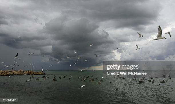 Sea birds take flight near a fishing pier as storm clouds from Tropical Storm Ernesto approach from the south August 29, 2006 off Captiva Island,...