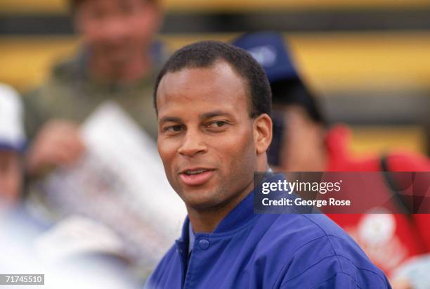 Defensive back Ronnie Lott of the Los Angeles Raiders attends a World League of American Football game between the London Monarchs and the Sacramento...