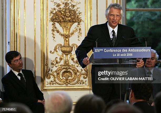 French Prime Minister Dominique de Villepin speaks during the annual conference of the French Ambassadors, 30 August 2006 in Paris. AFP PHOTO OLIVIER...