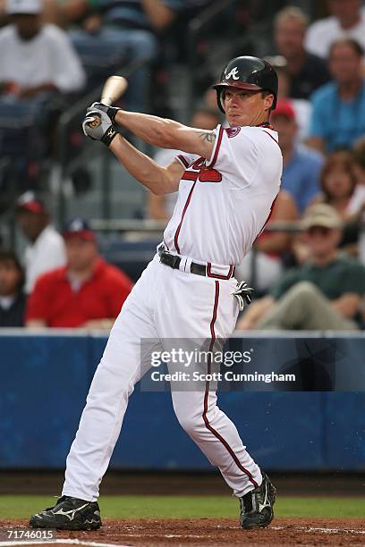 Chipper Jones of the Atlanta Braves hits against the San Francisco Giants at Turner Field on August 29, 2006 in Atlanta, Georgia. The Braves defeated...