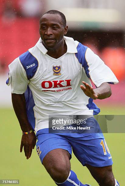 Lomana Tresor LuaLua of Portsmouth in action during the pre-season friendly match between AFC Bournemouth and Portsmouth at Dean's Court on July 29,...