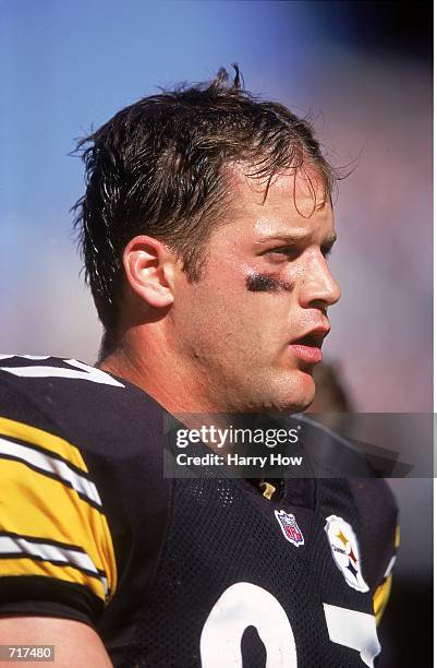 Mark Bruener of the Pittsburgh Steelers looks on from the sidelines during a game against the Cleveland Browns at Cleveland Brown Stadium in...