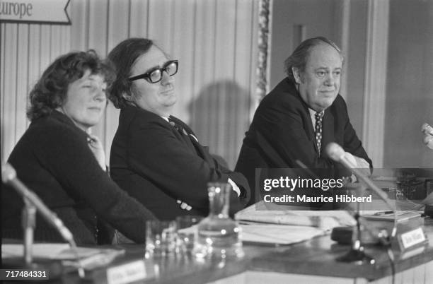 British politicians Shirley Williams, John Harris, Baron Harris of Greenwich and Christopher Soames at a 'Keep Britain In Europe' meeting, shortly...