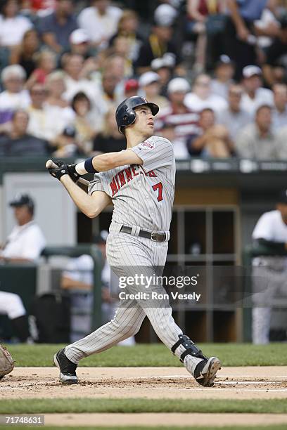 Joe Mauer of the Minnesota Twins at bat during the game against the Chicago White Sox at U.S. Cellular Field in Chicago, Illinois on July 25, 2006....