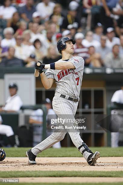 Joe Mauer of the Minnesota Twins at bat during the game against the Chicago White Sox at U.S. Cellular Field in Chicago, Illinois on July 25, 2006....