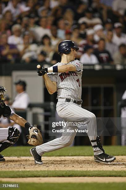 Joe Mauer of the Minnesota Twins at bat during the game against the Chicago White Sox at U.S. Cellular Field in Chicago, Illinois on July 25, 2006....