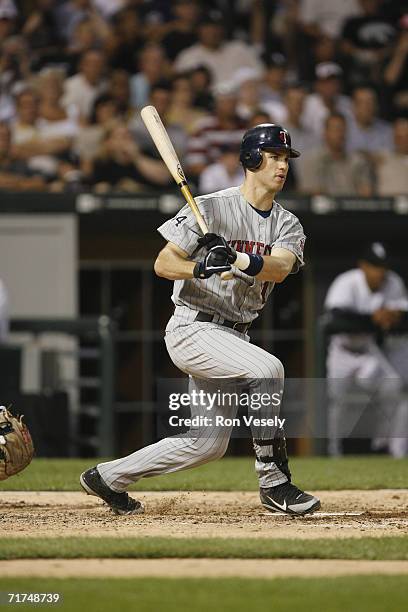 Joe Mauer of the Minnesota Twins at bat during the game against the Chicago White Sox at U.S. Cellular Field in Chicago, Illinois on July 25, 2006....