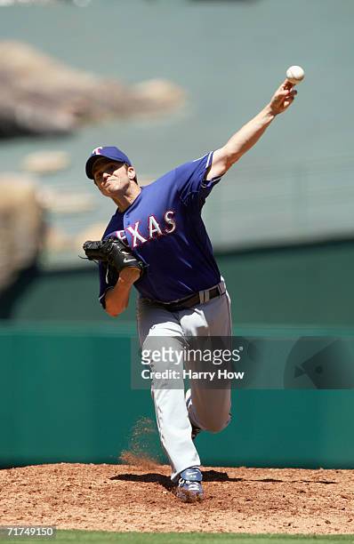 Pitcher John Koronka of the Texas Rangers pitches during the game against the Los Angeles Angels at Angel Stadium on August 5, 2005 in Anaheim,...