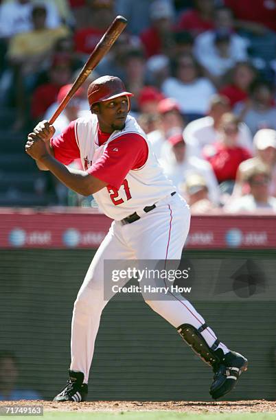 Vladimir Guerrero of the Los Angeles Angels steps into the swing during the game against the Texas Rangers at Angel Stadium on August 5, 2005 in...
