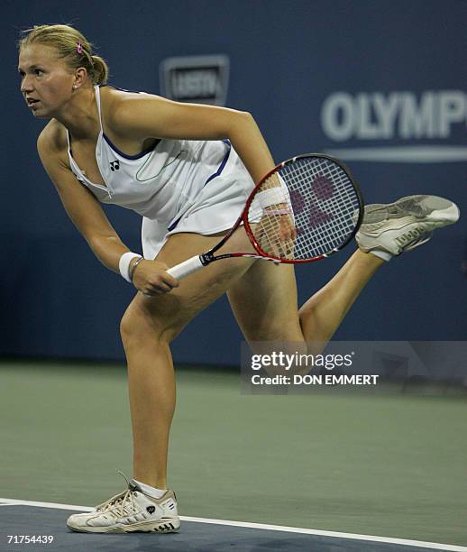 Michaella Krajicek of the Netherlands serves to third seed Maria Sharapova of Russia 30 August 2006 during their first round match at the US Open...