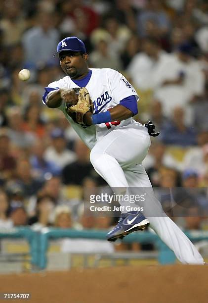 Wilson Betemit of the Los Angeles Dodgers throws the ball to first against the Cincinnati Reds on August 30, 2006 at Dodger Stadium in Los Angeles,...