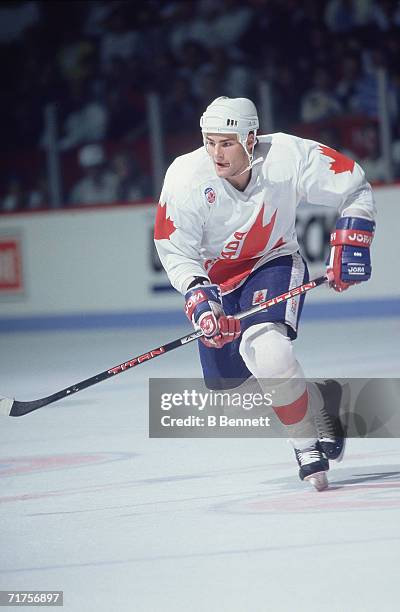 Canadian professional hockey player Eric Lindros, center for the Oshawa Generals, skates on the ice as a member of Team Canada during a game of the...