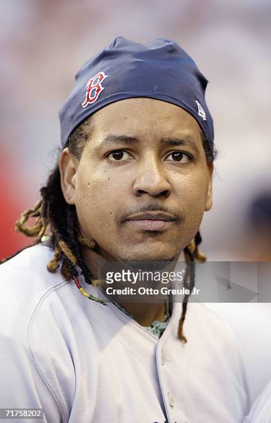 Manny Ramirez of the Boston Red Sox looks on before the game against the Seattle Mariners on August 26, 2006 at Safeco Field in Seattle Washington.