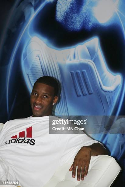 Player Tracy McGrady of the Houston Rockets attends a ceremony to launch an Adidas shoe at his second visit to Hong Kong on August 31, 2006 in Hong...