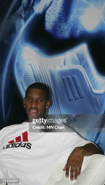 Player Tracy McGrady of the Houston Rockets attends a ceremony to launch an Adidas shoe at his second visit to Hong Kong on August 31, 2006 in Hong...