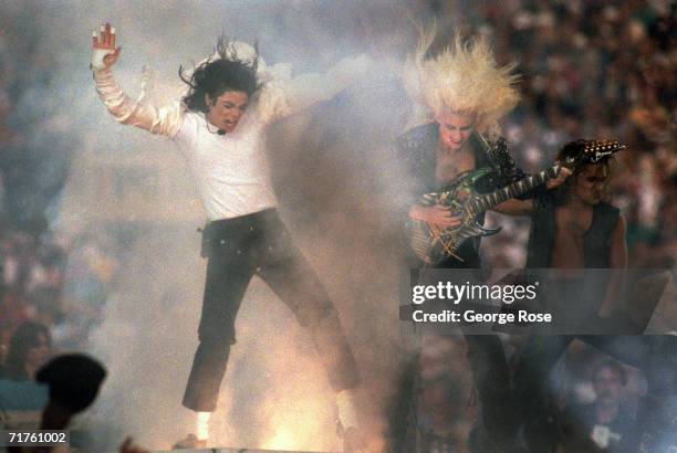 Michael Jackson performs during the Halftime show as the Dallas Cowboys take on the Buffalo Bills in Super Bowl XXVII at Rose Bowl on January 31,...