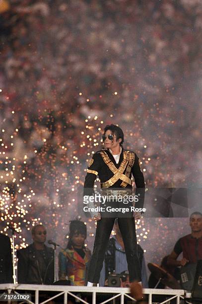 Michael Jackson performs during the Halftime show as the Dallas Cowboys take on the Buffalo Bills in Super Bowl XXVII at Rose Bowl on January 31,...
