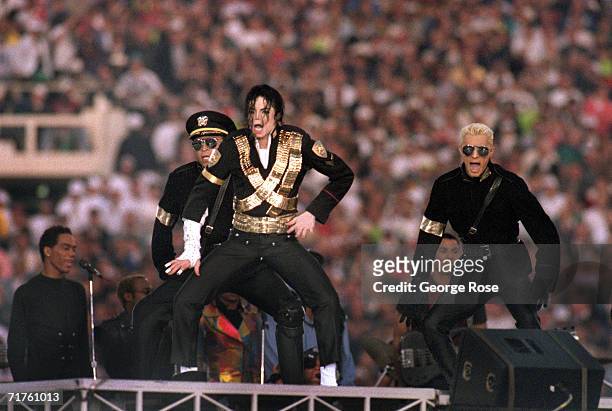 Michael Jackson performs during the Halftime show as the Dallas Cowboys take on the Buffalo Bills in Super Bowl XXVII at Rose Bowl on January 31,...